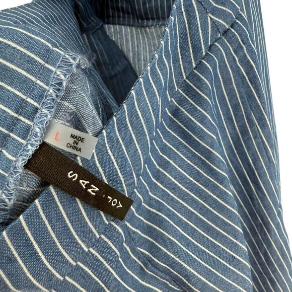 Wide Leg Jumpsuit L Blue Pin Striped Floral Embroidered Ruffle San Joy Open Back - Picture 9 of 11